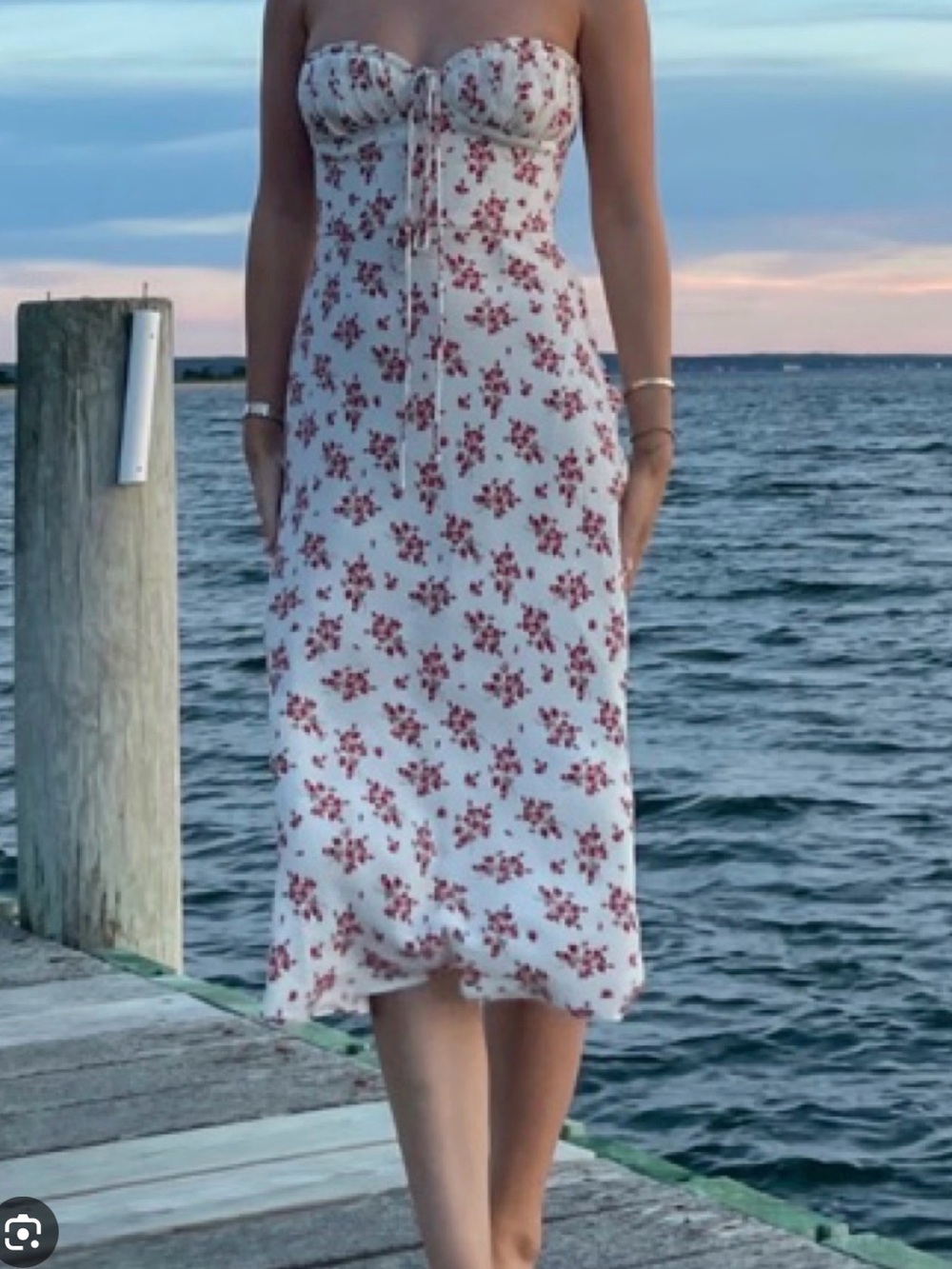 Reformation Par Strapless White Midi Dress with Red Floral Print